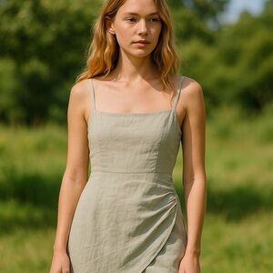 Abercrombie & Fitch Square Neck Cotton Wrap Mini Dress Sage Green NWT